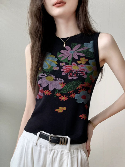 Dopamine graffiti flower print letter knitted vest women's summer fashion niche foreign style sleeveless bottoming shirt trend