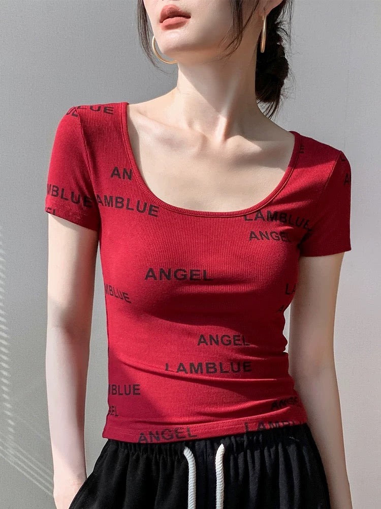 White printed T-shirt short-sleeved women's 2024 summer new chic tops slim fit early spring sweet and spicy bottoming shirt