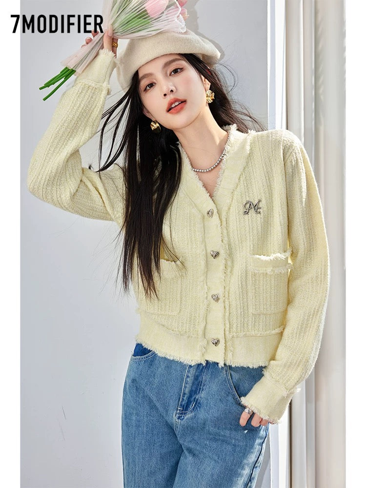 La Chapelle 7M2025 autumn new style heart-shaped buttoned V-neck sweater versatile temperament gentle cardigan top