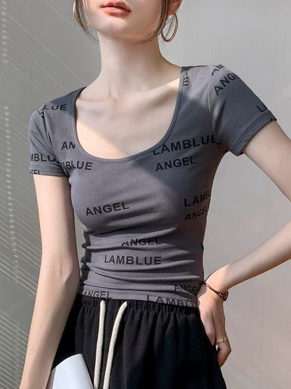 White printed T-shirt short-sleeved women's 2024 summer new chic tops slim fit early spring sweet and spicy bottoming shirt