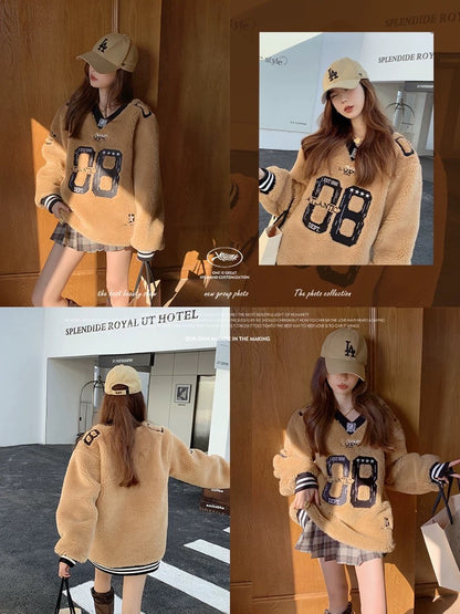 Earth Store khaki lazy style casual grain velvet sweatshirt for women winter letter embroidery design versatile top