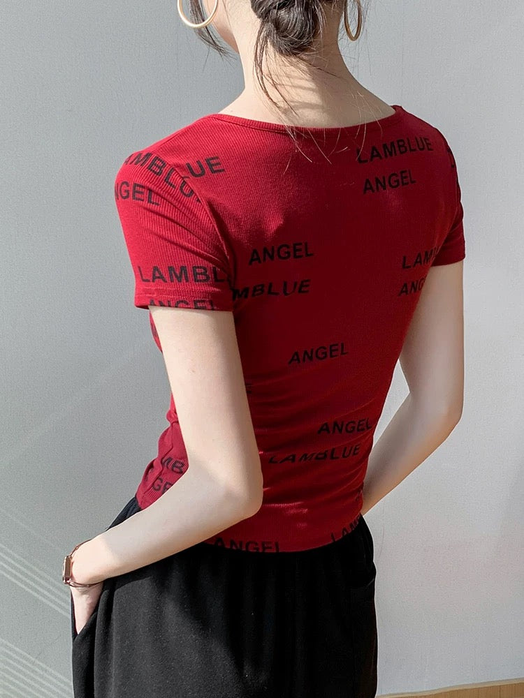 White printed T-shirt short-sleeved women's 2024 summer new chic tops slim fit early spring sweet and spicy bottoming shirt
