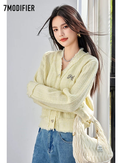 La Chapelle 7M2025 autumn new style heart-shaped buttoned V-neck sweater versatile temperament gentle cardigan top