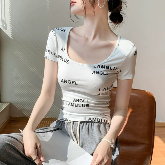 White printed T-shirt short-sleeved women's 2024 summer new chic tops slim fit early spring sweet and spicy bottoming shirt