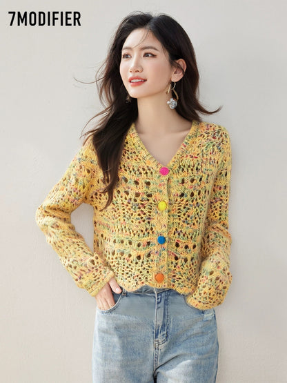 La Chapelle 7M2025 autumn unique color button V-neck single-breasted hollow long-sleeved knitted sweater top