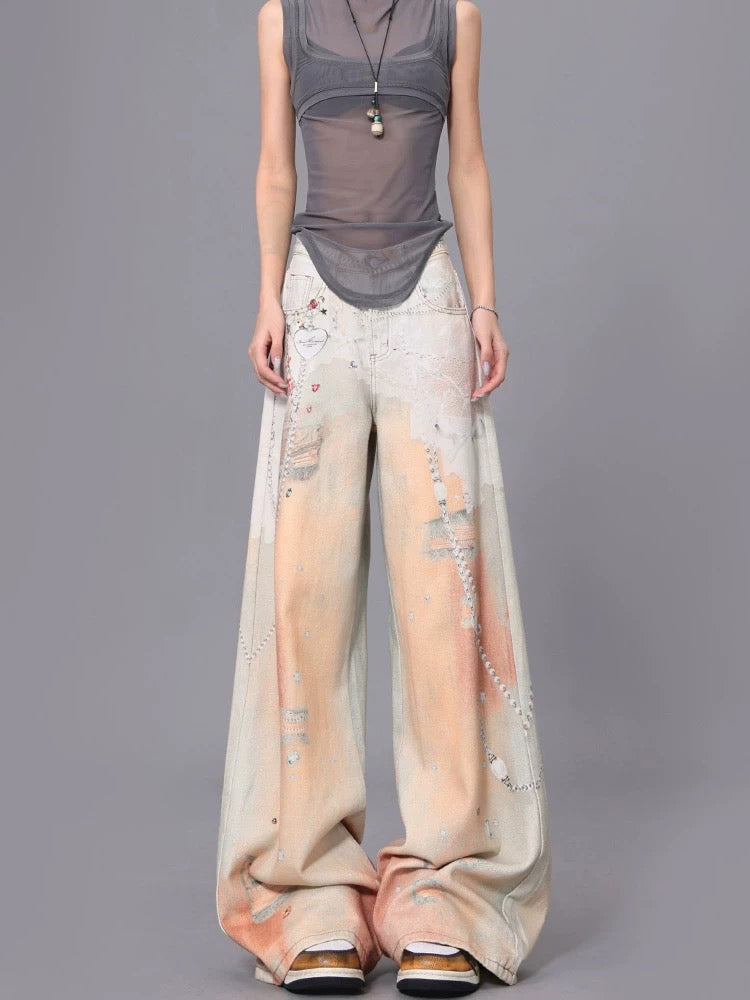 KEN STUDIO retro hot girl lace chain print jeans summer new loose mopping pants trousers women
