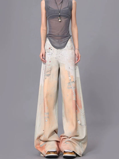 KEN STUDIO retro hot girl lace chain print jeans summer new loose mopping pants trousers women