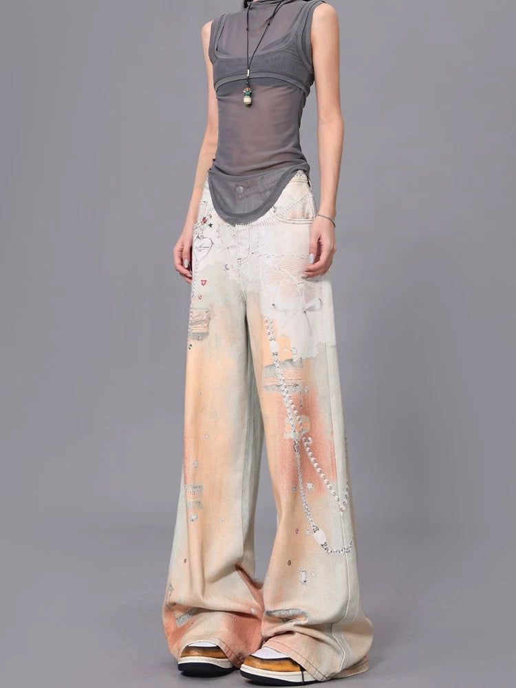 KEN STUDIO retro hot girl lace chain print jeans summer new loose mopping pants trousers women