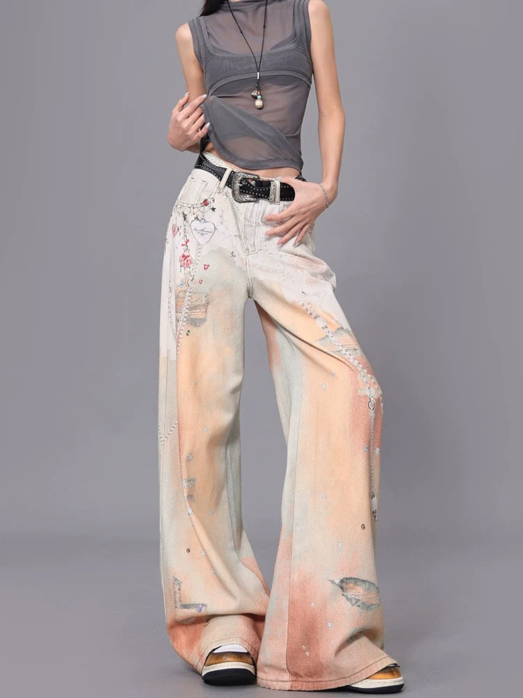 KEN STUDIO retro hot girl lace chain print jeans summer new loose mopping pants trousers women