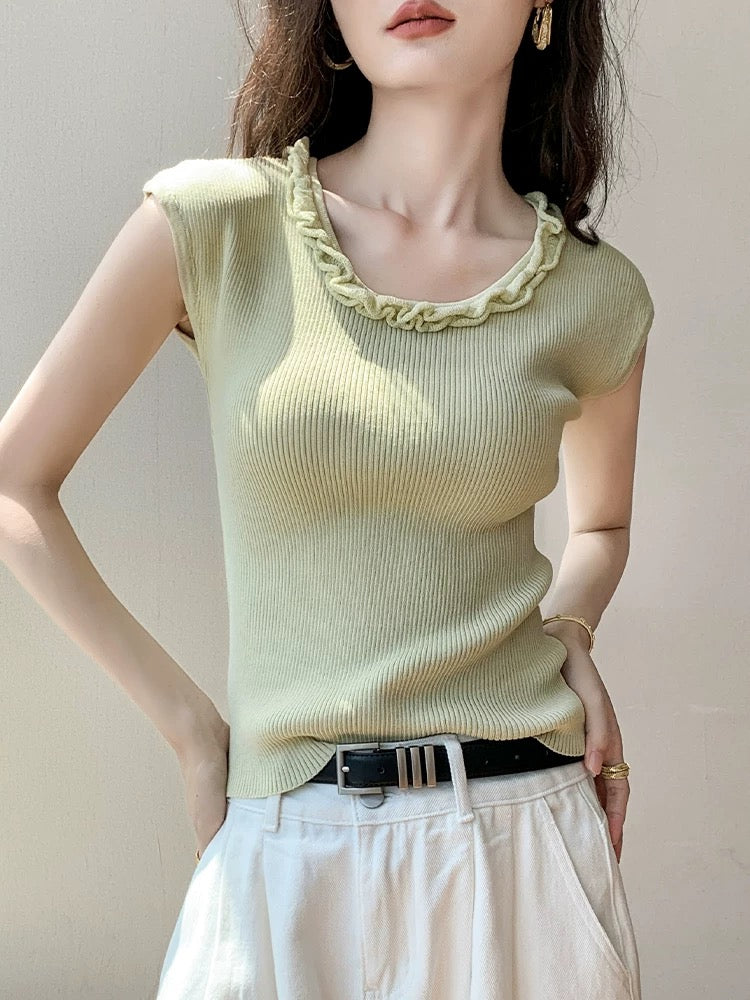 French style lace round neck waistcoat sleeveless sweater for women 2025 spring new solid color high-end tops