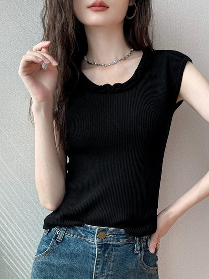 French style lace round neck waistcoat sleeveless sweater for women 2025 spring new solid color high-end tops