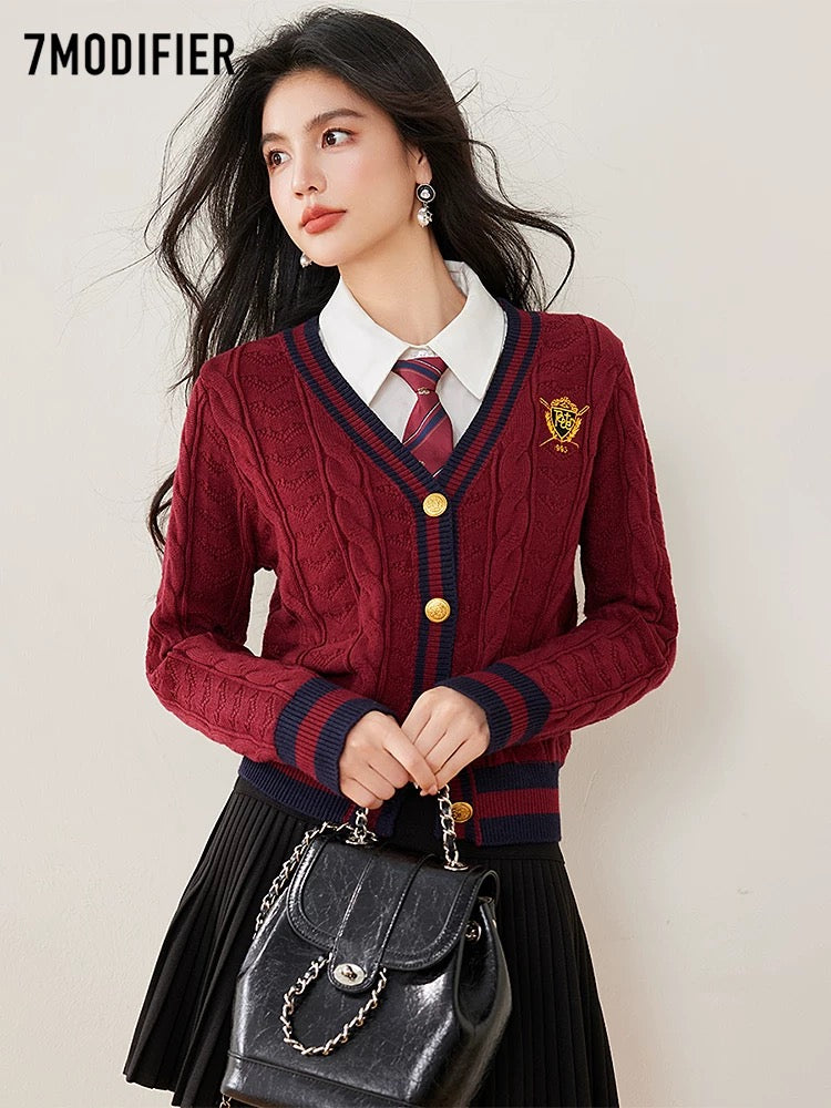 La Chapelle 7M2025 autumn and winter new single-breasted V-neck versatile knitted sweater slim embroidered fashionable top