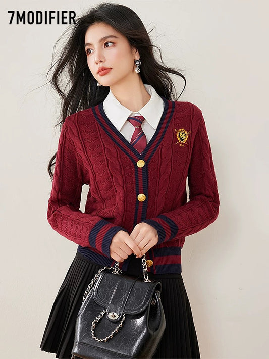 La Chapelle 7M2025 autumn and winter new single-breasted V-neck versatile knitted sweater slim embroidered fashionable top