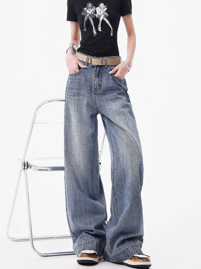 KEN STUDIO American retro loose wide-leg jeans women's summer new high waist slim straight pants pants