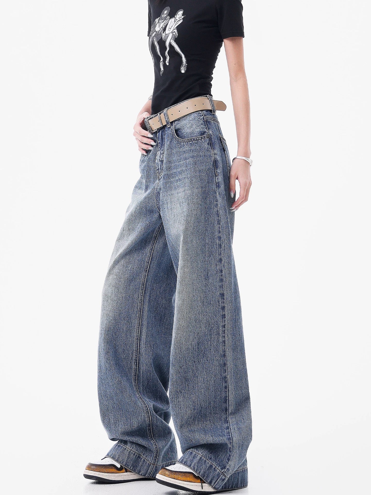 KEN STUDIO American retro loose wide-leg jeans women's summer new high waist slim straight pants pants