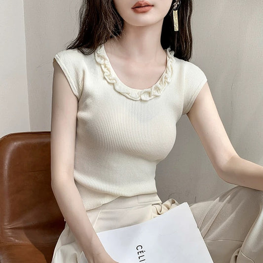 French style lace round neck waistcoat sleeveless sweater for women 2025 spring new solid color high-end tops