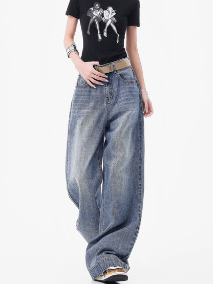 KEN STUDIO American retro loose wide-leg jeans women's summer new high waist slim straight pants pants