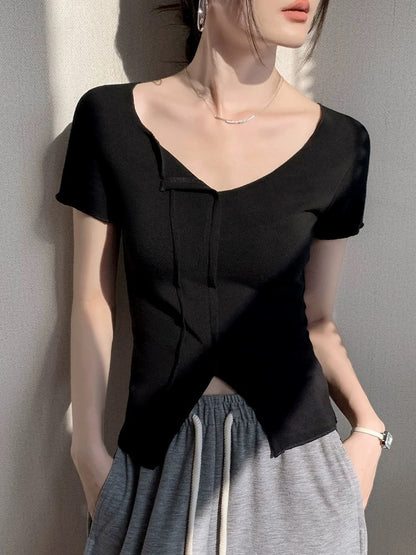 French style short-sleeved T-shirt for women 2024 summer new style slim fit slimming stylish sweet and spicy tops design tops