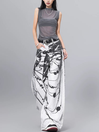 KEN STUDIO ink print design washed jeans women's summer street high waist loose slim pants