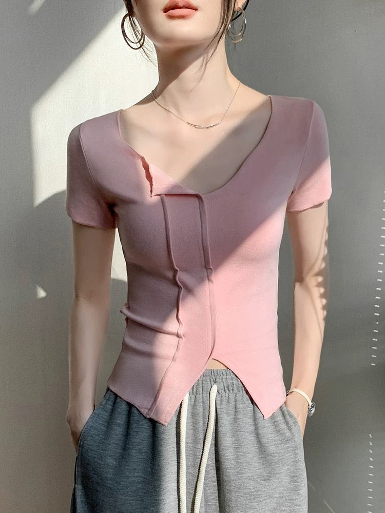 French style short-sleeved T-shirt for women 2024 summer new style slim fit slimming stylish sweet and spicy tops design tops