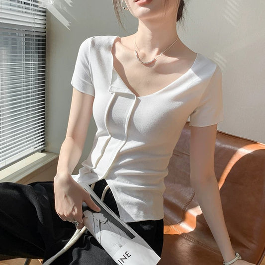 French style short-sleeved T-shirt for women 2024 summer new style slim fit slimming stylish sweet and spicy tops design tops