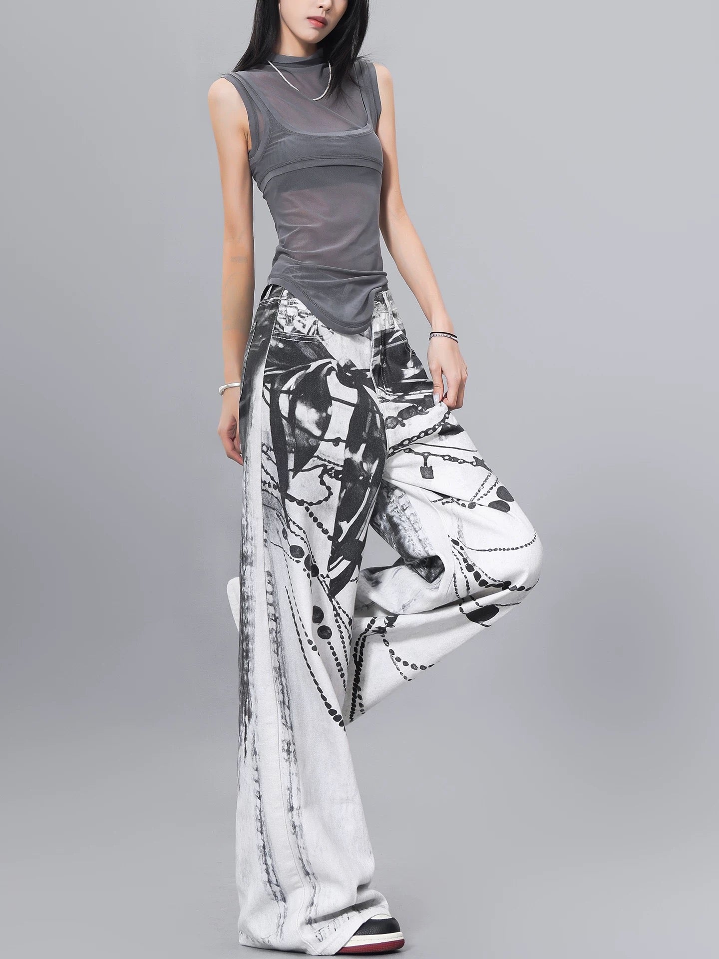 KEN STUDIO ink print design washed jeans women's summer street high waist loose slim pants