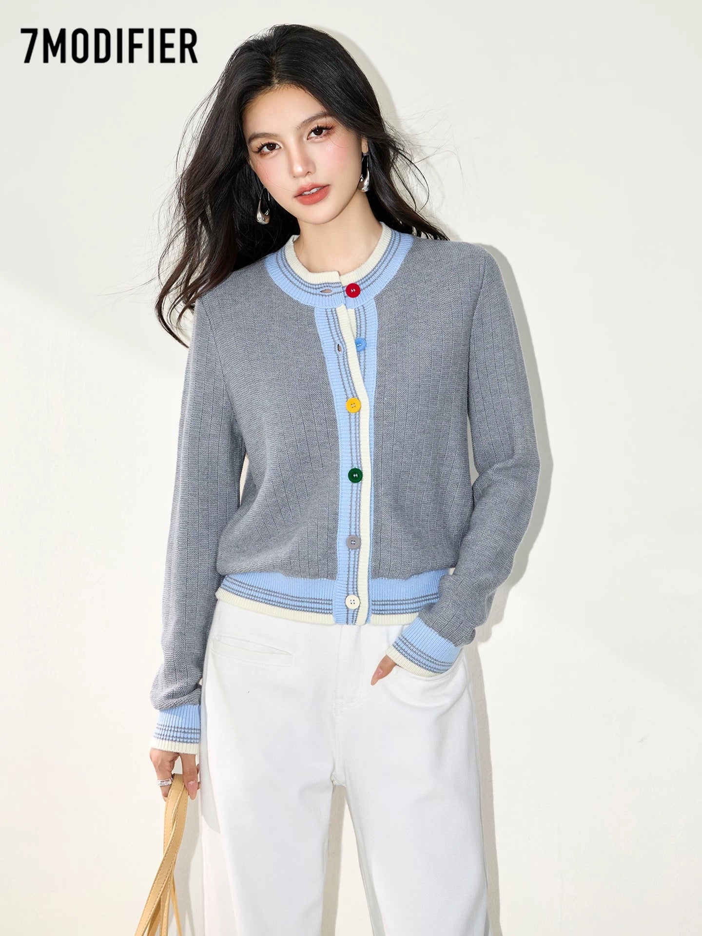 La Chapelle 7M2025 autumn fashion color button color matching round neck all-match long-sleeved knitted sweater tops for women