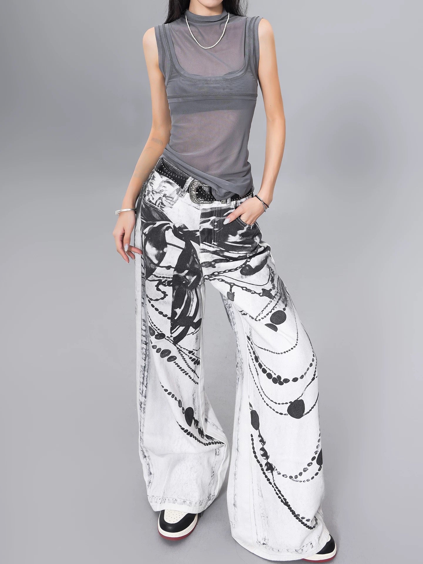 KEN STUDIO ink print design washed jeans women's summer street high waist loose slim pants