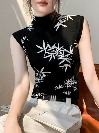 New Chinese style half-high collar sleeveless vest for women 2025 early autumn new style ink bamboo print slim waistcoat inner bottoming shirt