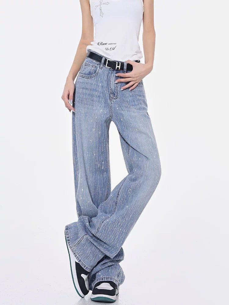 KEN STUDIO summer hand-made rhinestone flashing blue washed jeans for women straight trousers pants