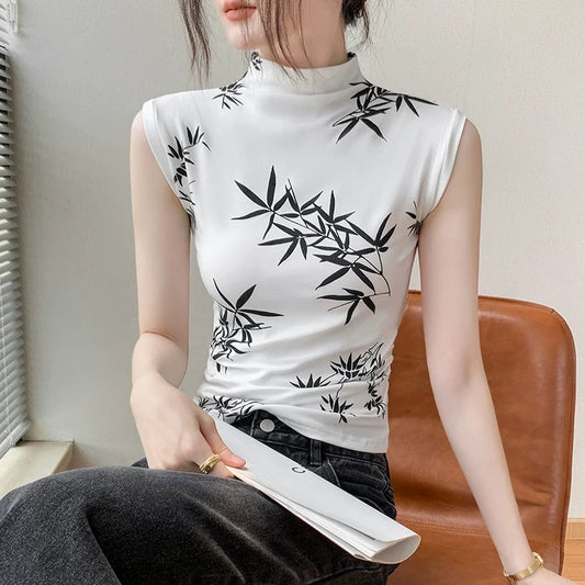 New Chinese style half-high collar sleeveless vest for women 2025 early autumn new style ink bamboo print slim waistcoat inner bottoming shirt
