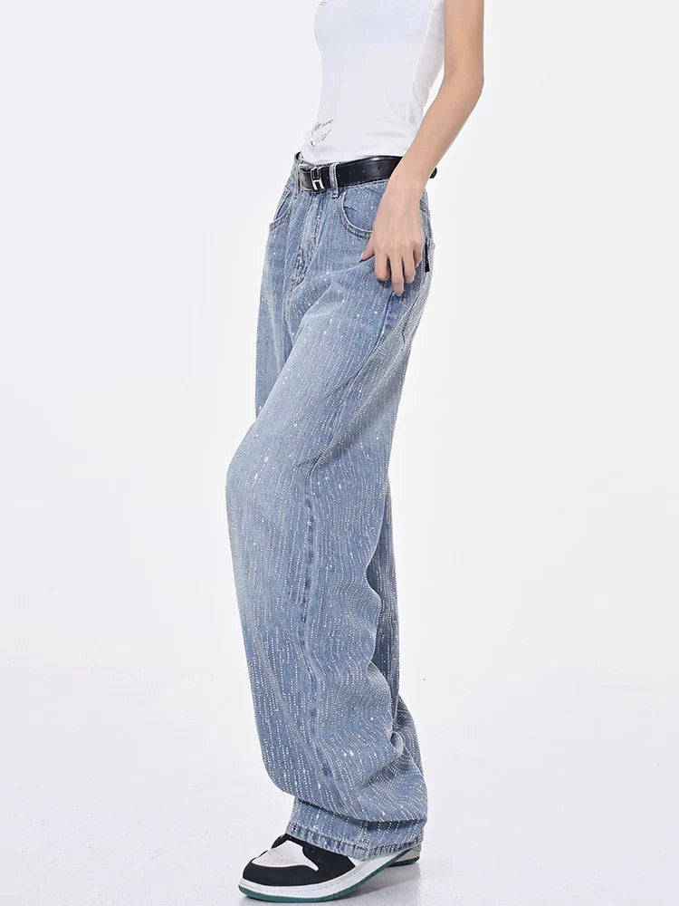 KEN STUDIO summer hand-made rhinestone flashing blue washed jeans for women straight trousers pants