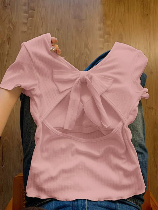 [Free trial] Pink hollow bow short-sleeved T-shirt for women in summer pure desire style niche no-collision top