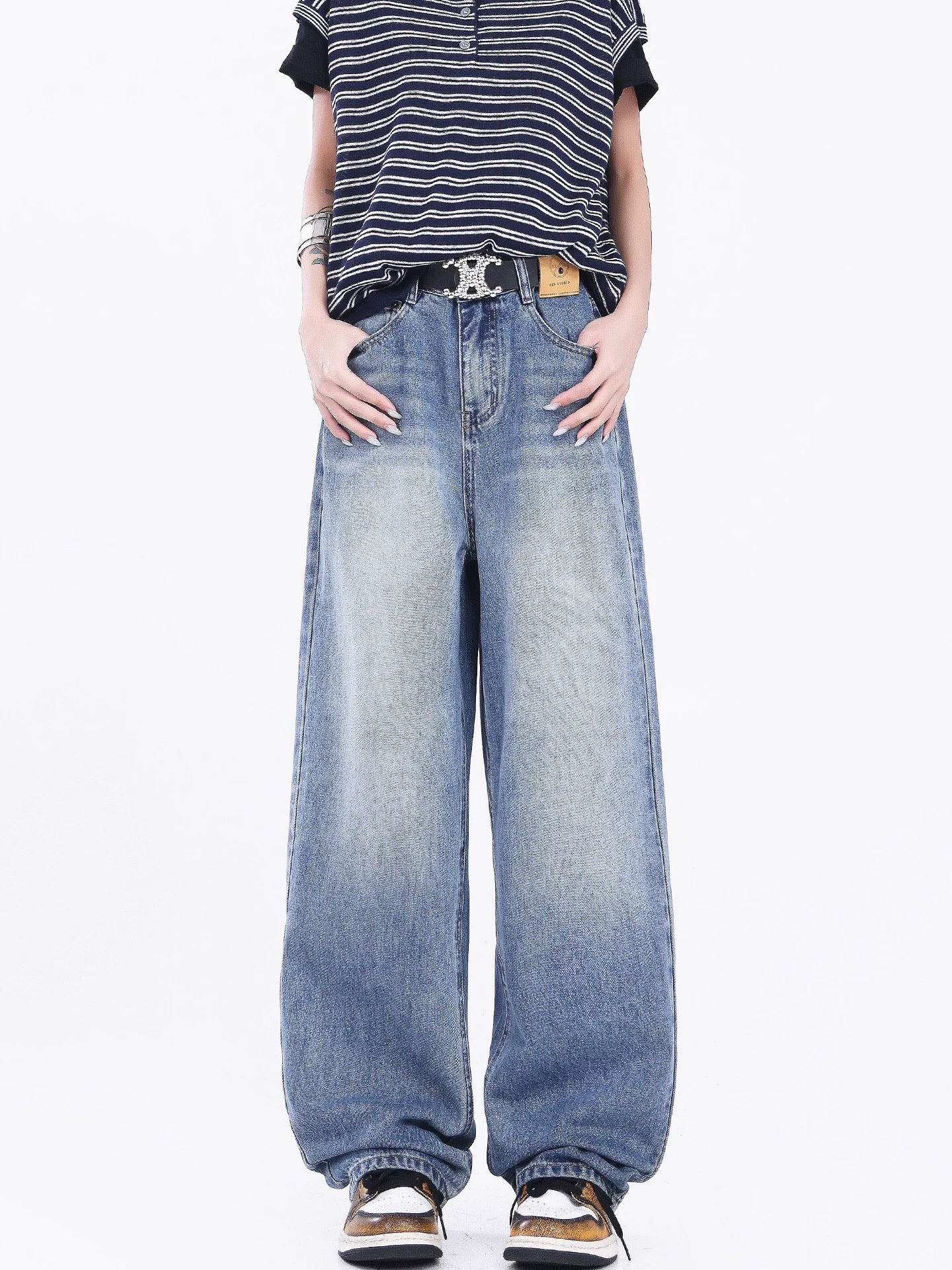 KEN STUDIO American retro blue straight jeans women's summer new high waist wide leg casual pants trousers