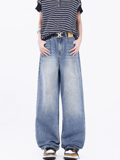 KEN STUDIO American retro blue straight jeans women's summer new high waist wide leg casual pants trousers