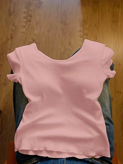 [Free trial] Pink hollow bow short-sleeved T-shirt for women in summer pure desire style niche no-collision top