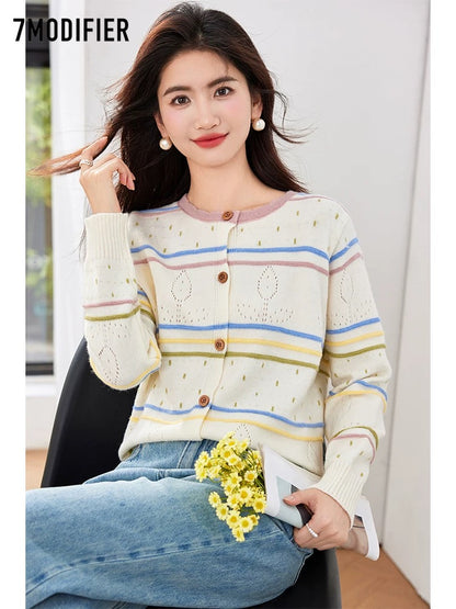 La Chapelle 7M2025 autumn new color matching striped hollow hook loose shoulder temperament knitted sweater for women