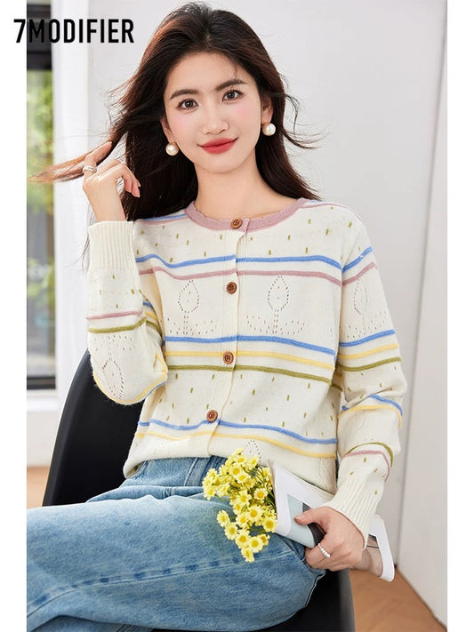La Chapelle 7M2025 autumn new color matching striped hollow hook loose shoulder temperament knitted sweater for women