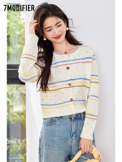 La Chapelle 7M2025 autumn new color matching striped hollow hook loose shoulder temperament knitted sweater for women