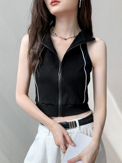 Halter sleeveless tops for women 2025 spring and summer lapel cotton vest sports zipper sweater waistcoat short jacket