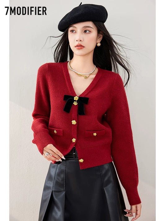 La Chapelle 7M2025 Autumn Red New Year Spring Festival Zodiac Year Fashion All-match Knitted Sweater Top Cardigan Women