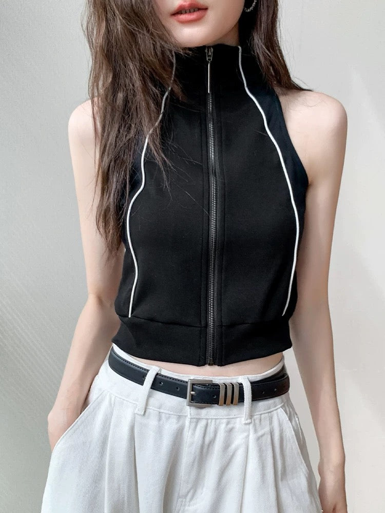 Halter sleeveless tops for women 2025 spring and summer lapel cotton vest sports zipper sweater waistcoat short jacket
