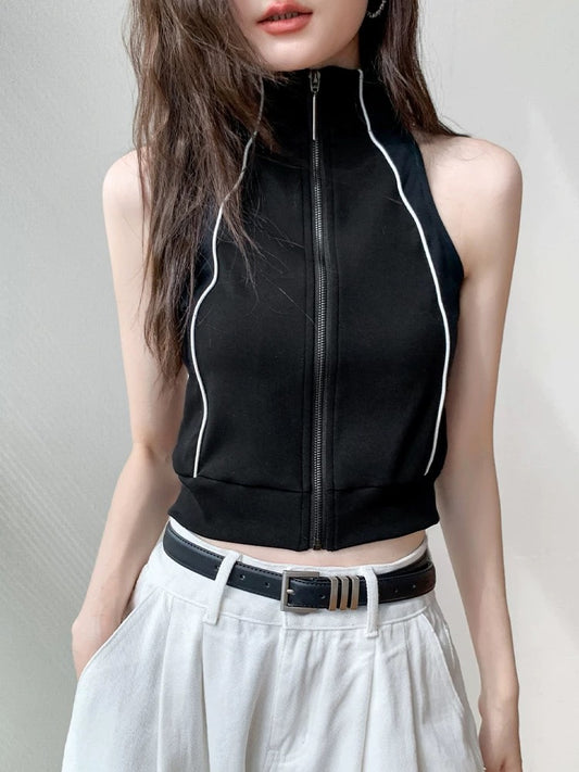 Halter sleeveless tops for women 2025 spring and summer lapel cotton vest sports zipper sweater waistcoat short jacket