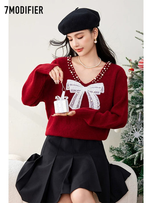 La Chapelle 7M2025 Autumn Christmas Atmosphere Red New Year Spring Festival Sweater V-neck Bow Embroidered Top