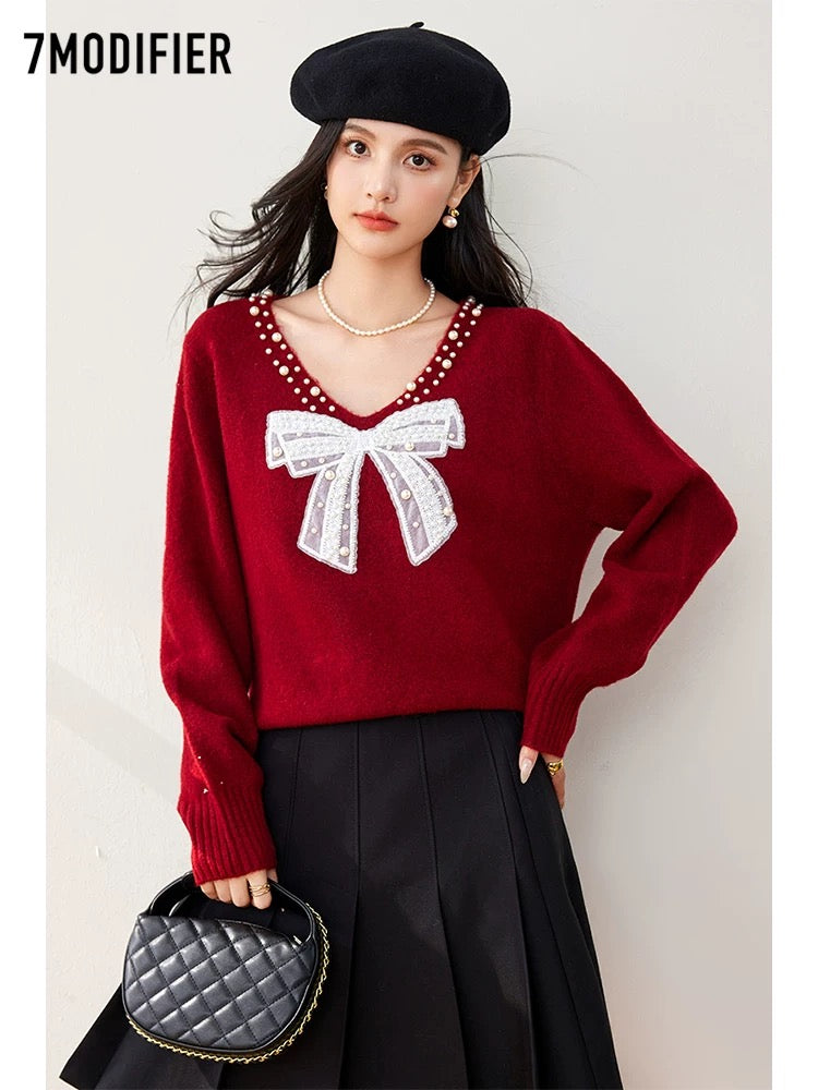 La Chapelle 7M2025 Autumn Christmas Atmosphere Red New Year Spring Festival Sweater V-neck Bow Embroidered Top
