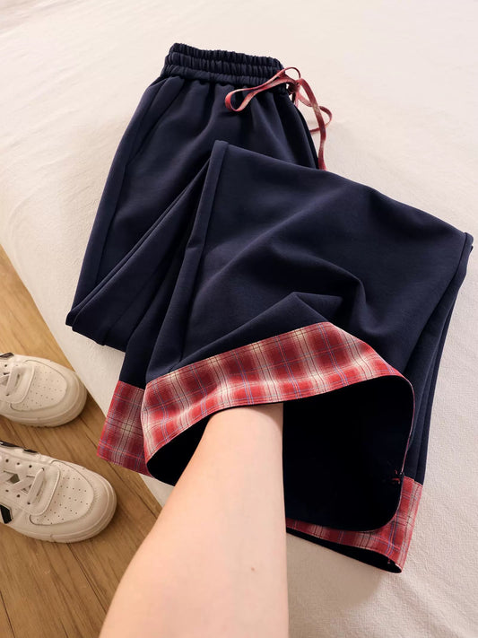Great pants shape, very slimming! Navy blue plaid casual pants for women, drape, slimming, tall, hip-covering wide-leg pants