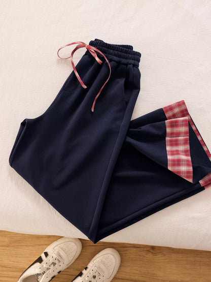 Great pants shape, very slimming! Navy blue plaid casual pants for women, drape, slimming, tall, hip-covering wide-leg pants