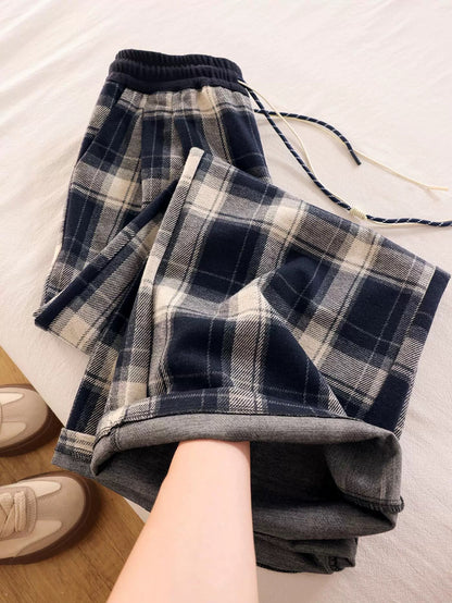Homemade King Bomb! Magic pants ~ Blue plaid casual pants for women, all-match loose and slim drawstring sports sweatpants