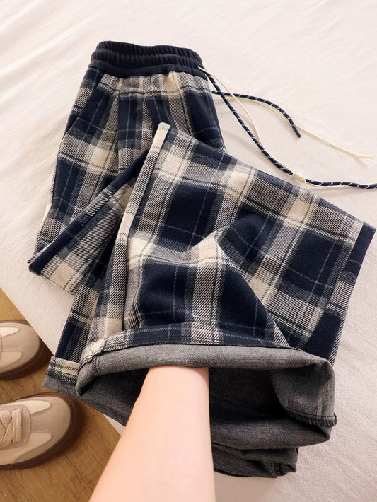 Homemade King Bomb! Magic pants ~ Blue plaid casual pants for women, all-match loose and slim drawstring sports sweatpants
