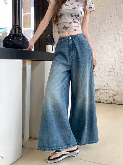 PPHOME Washed Retro Wide-Leg Jeans for Women, Spring/Summer, Petite, High-Waisted Straight Leg, Cropped, Casual Mid-Length Pants